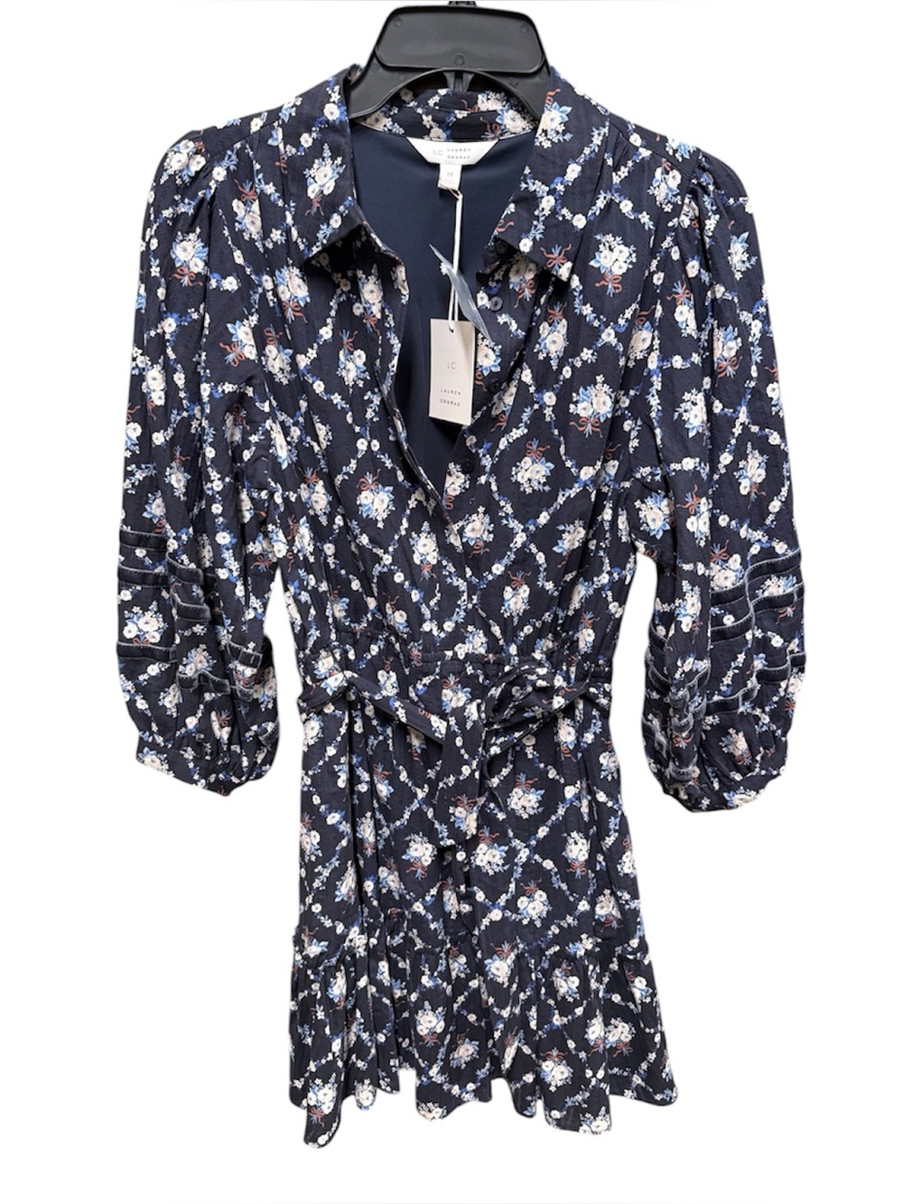 LC Lauren Conrad Navy Floral Lattice Tie-Waist Shirt Dress Medium NEW